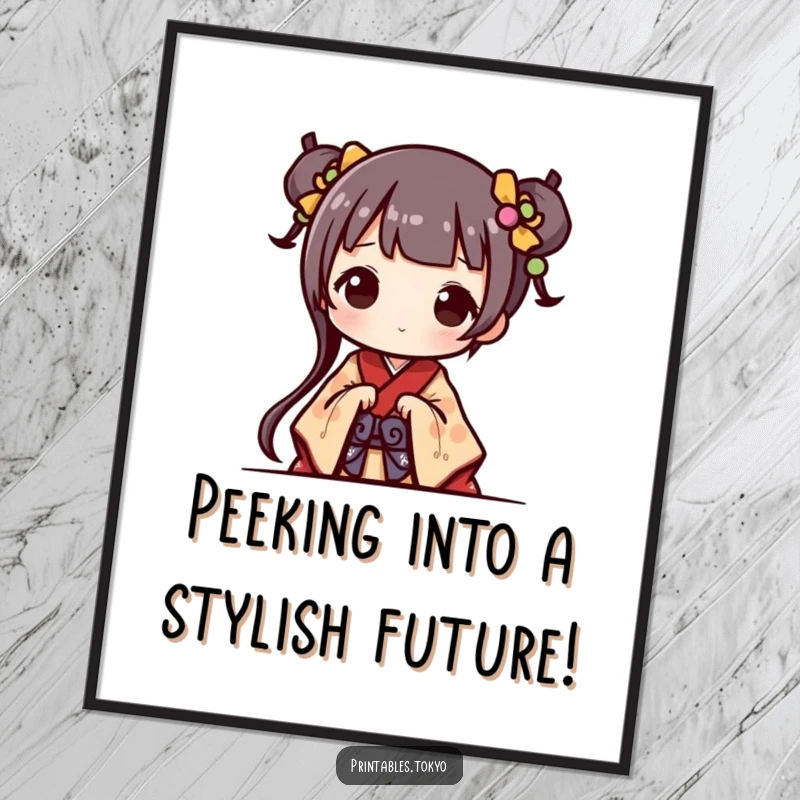 Funny Free Printable Wall Art of a cute character peeking out in a miniature kimono, creating a delightful and charming decorative piece.