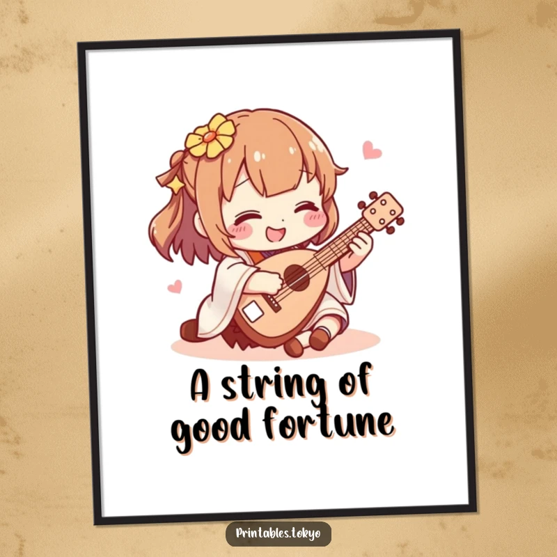Funny Free Printable Wall Art: Character joyfully strumming a miniature shamisen, adding a touch of Japanese music and humor to decor.