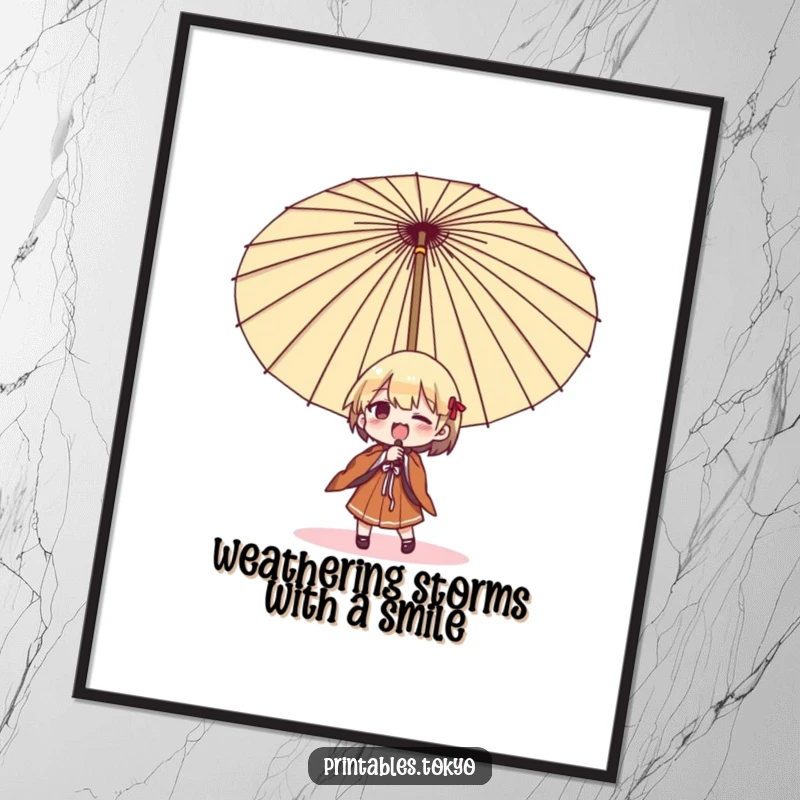 Funny Free Printable Wall Art: Character comically wrestling with a giant traditional Japanese umbrella, adding humor to any room.