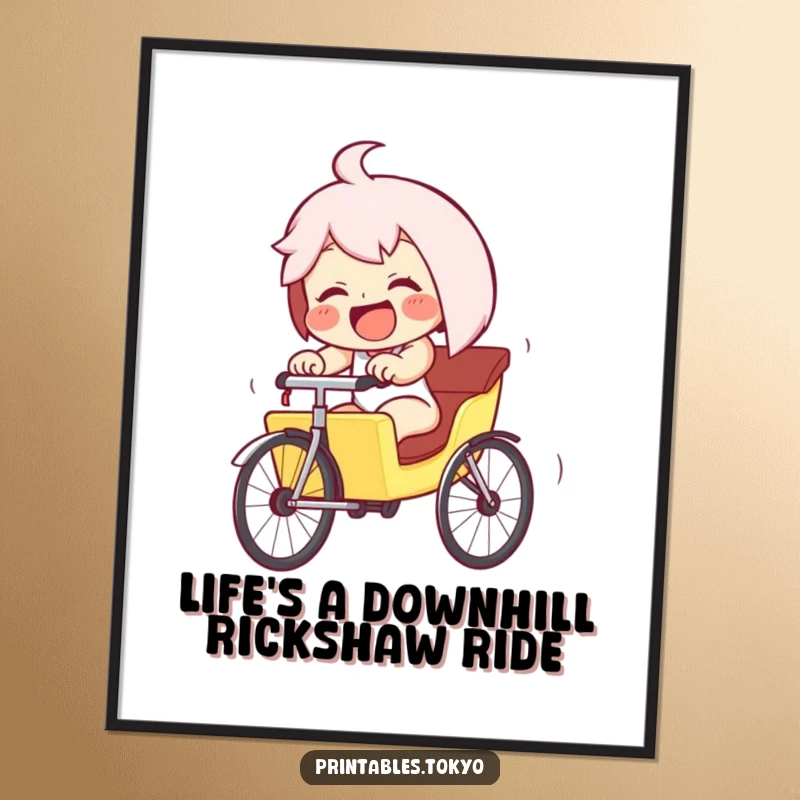 Funny Free Printable Wall Art: Giggling character pedals furiously downhill in a tiny rickshaw, capturing a moment of pure joy.