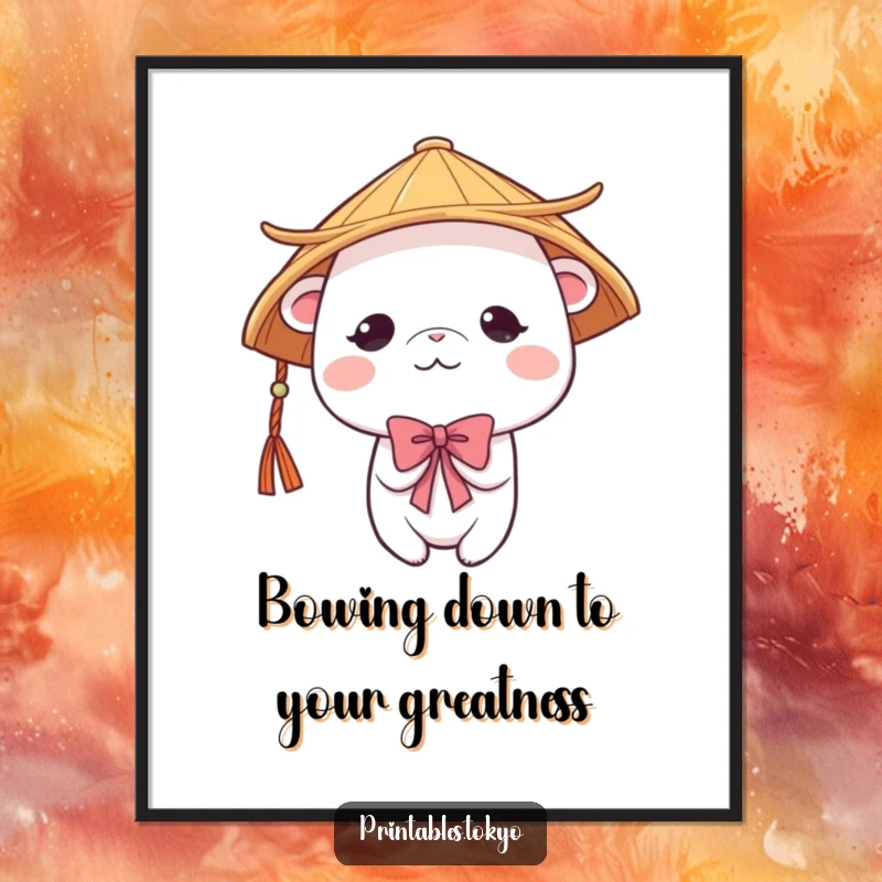 Funny Free Printable Wall Art: Cute creature wearing a traditional Japanese hat, bowing shyly with a gentle and serene expression.