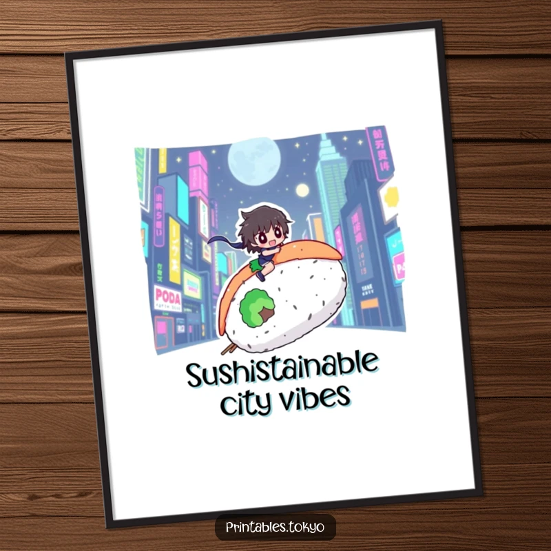 Funny Free Printable Wall Art: a character adventurously riding a giant sushi roll through a dazzling neon city.
