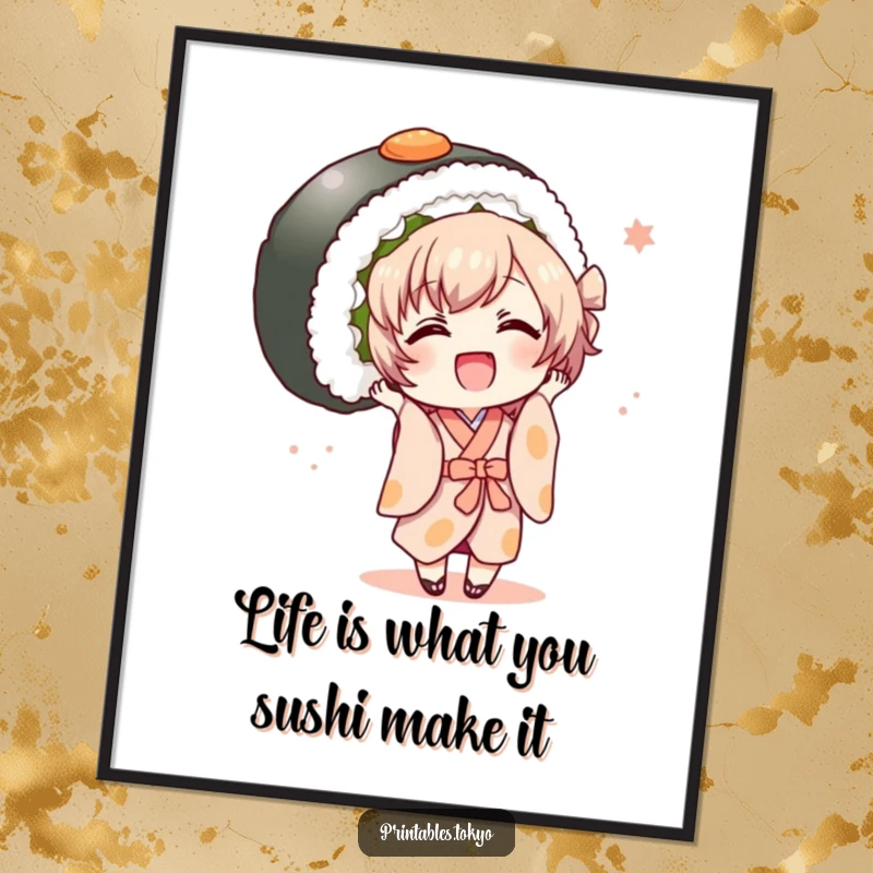 Funny Free Printable Wall Art: Small character in a kimono joyfully holding a giant sushi roll, festive and charming, perfect for unique decor.