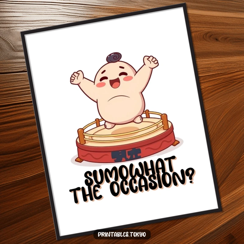 Funny Free Printable Wall Art of a character energetically and cheerfully bouncing on a stylized, miniature sumo ring, full of movement.