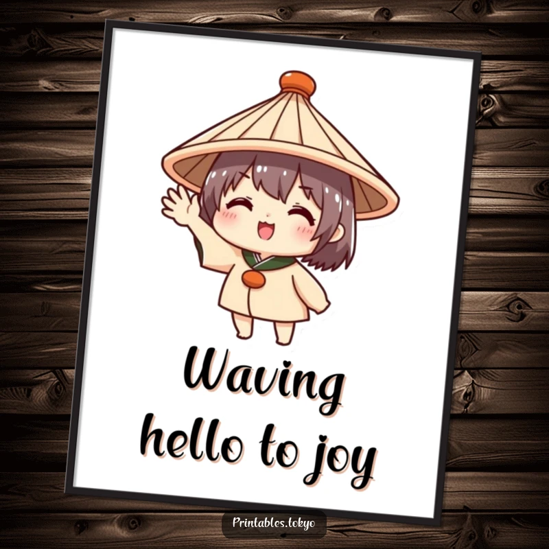 Funny Free Printable Wall Art: A cute character wearing a traditional Japanese hat waves enthusiastically, offering a warm and cheerful welcome.