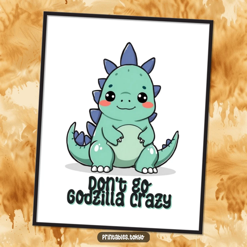 Funny Free Printable Wall Art depicting a character making a silly face to playfully surprise a small, cartoonish Godzilla, creating a humorous scene.