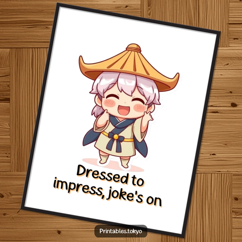 Funny Free Printable Wall Art: A character wearing a traditional Japanese hat strikes a comically amusing pose.