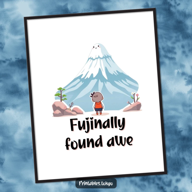 Funny Free Printable Wall Art: A character stares in awe at a whimsical, smiling Mount Fuji, creating an inspiring scene.