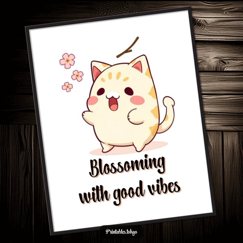 Funny Free Printable Wall Art: A shocked taiyaki character with a wagging tail narrowly avoids a falling cherry blossom.