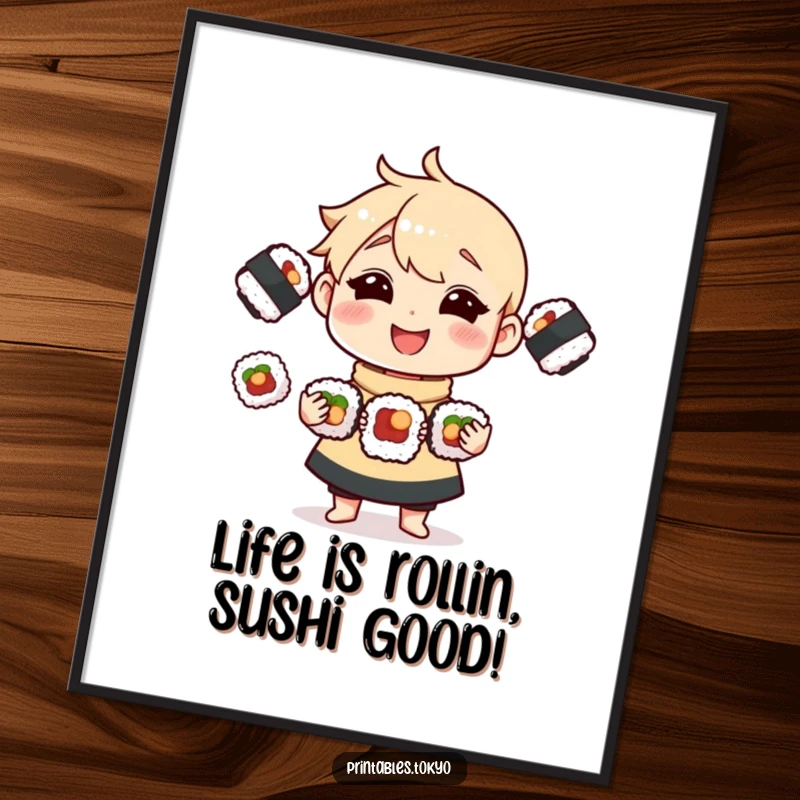 Funny Free Printable Wall Art: Whimsical character joyfully juggling three small sushi rolls, creating a vibrant and humorous scene.