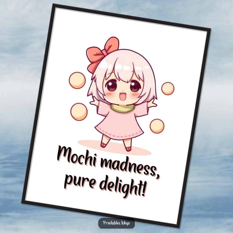 Funny free printable wall art: A character happily juggles several small, round mochi balls, creating a whimsical and fun visual.