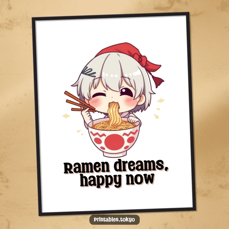 Funny free printable wall art capturing a character's sheer delight while eating ramen, chopsticks held high in a moment of culinary bliss.