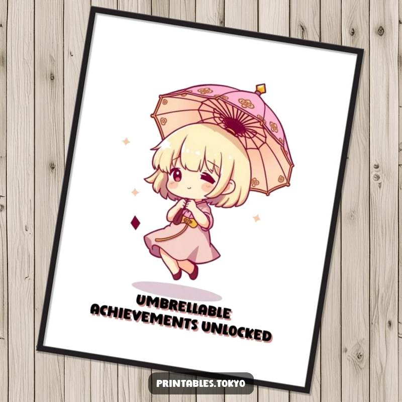 Funny Free Printable Wall Art: A character enthusiastically bounces a petite ornate umbrella, creating a whimsical scene. Ideal DIY downloadable art.