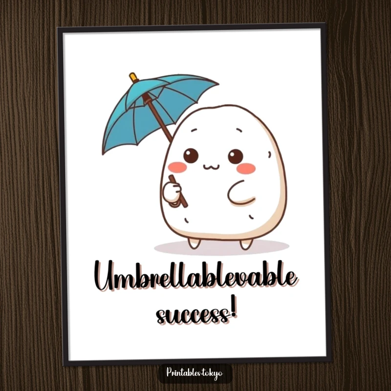Funny Free Printable Wall Art of a cute onigiri character with a determined expression holding a tiny umbrella.