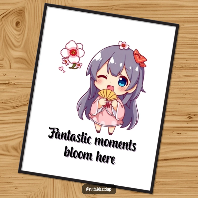 Funny Free Printable wall art featuring a character joyfully waving a small fan with cherry blossoms, creating an atmosphere of pure delight.