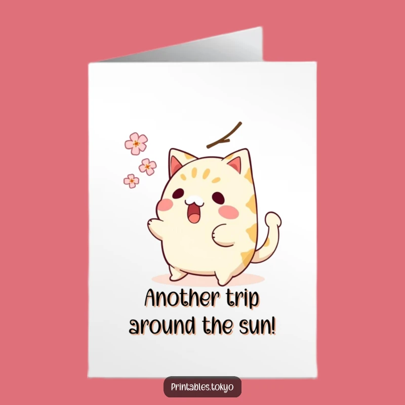 Free Printable Birthday Card: Surprised Taiyaki Dodging Blossom, Funny Downloadable Gift