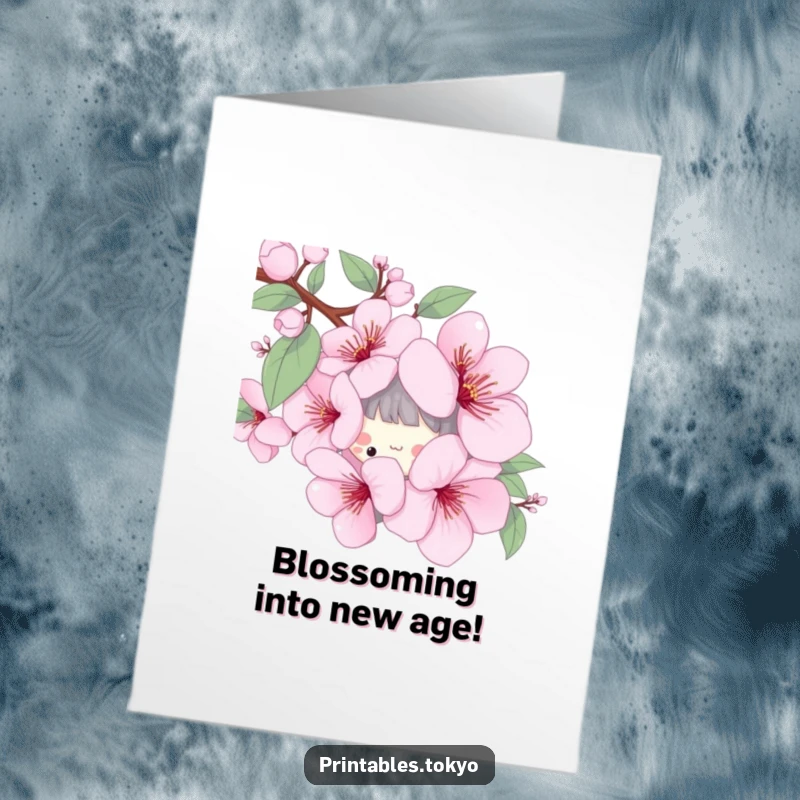Funny Free Printable Birthday Card: Playful character peeking from behind a large, stylized cherry blossom, offering birthday greetings.