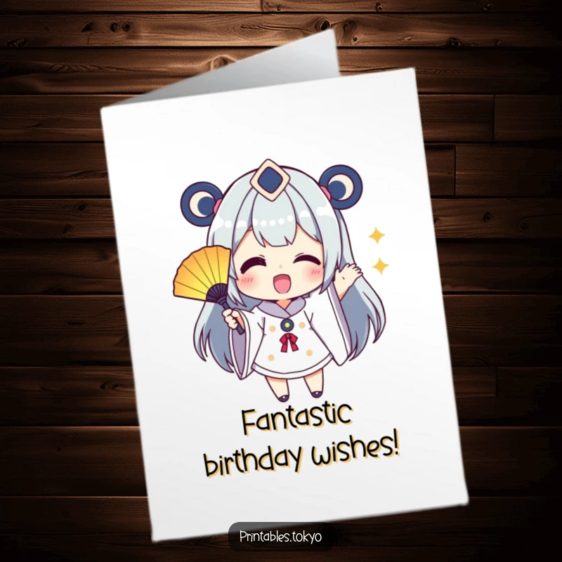 Funny Free Printable Birthday card of an excited character cheerfully waving a small, colorful fan, celebrating a happy occasion with enthusiasm.