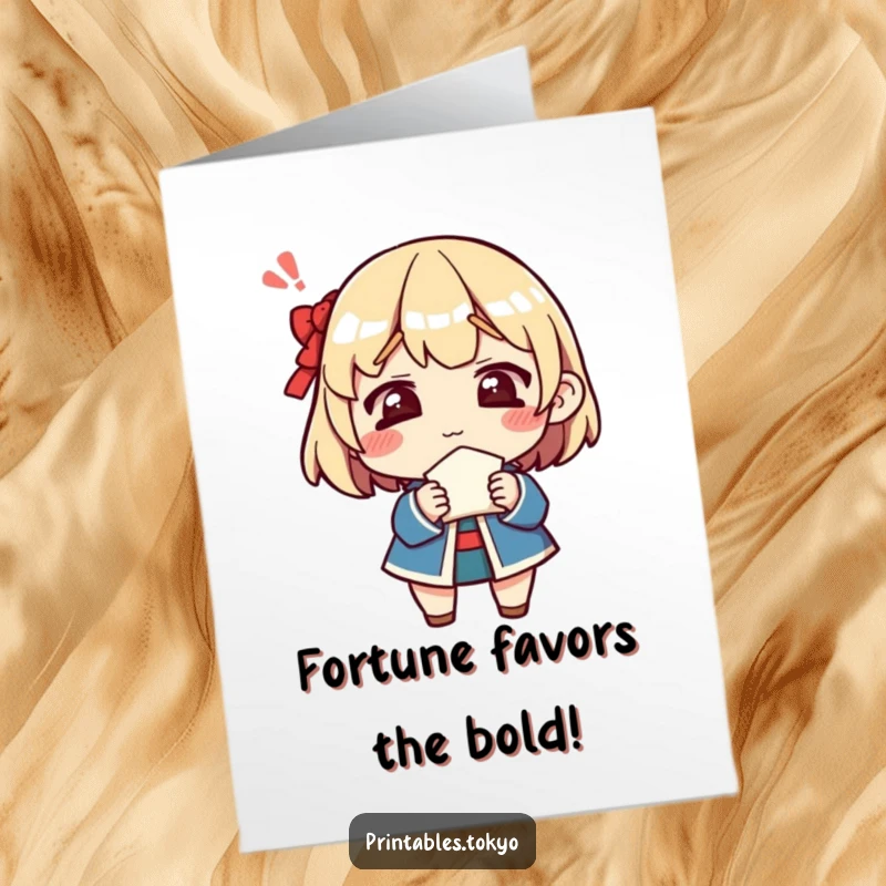 Funny Free Printable Birthday Card: Character looking bewildered while holding a fortune cookie, perfect for a quirky birthday greeting.