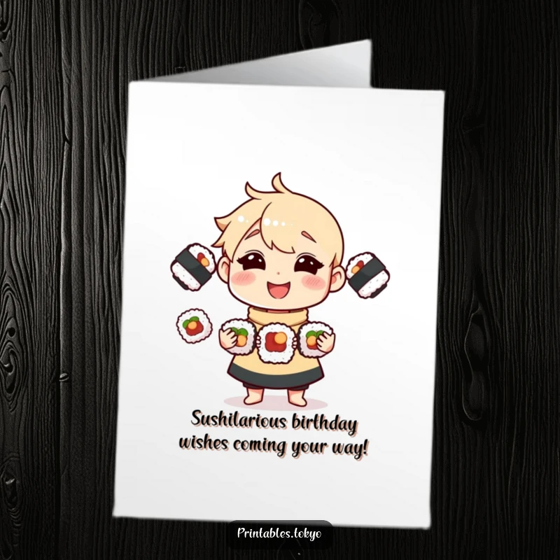 Funny Free Printable Birthday Card: Cute character gleefully juggling three tiny, delicious sushi rolls with a wide smile.