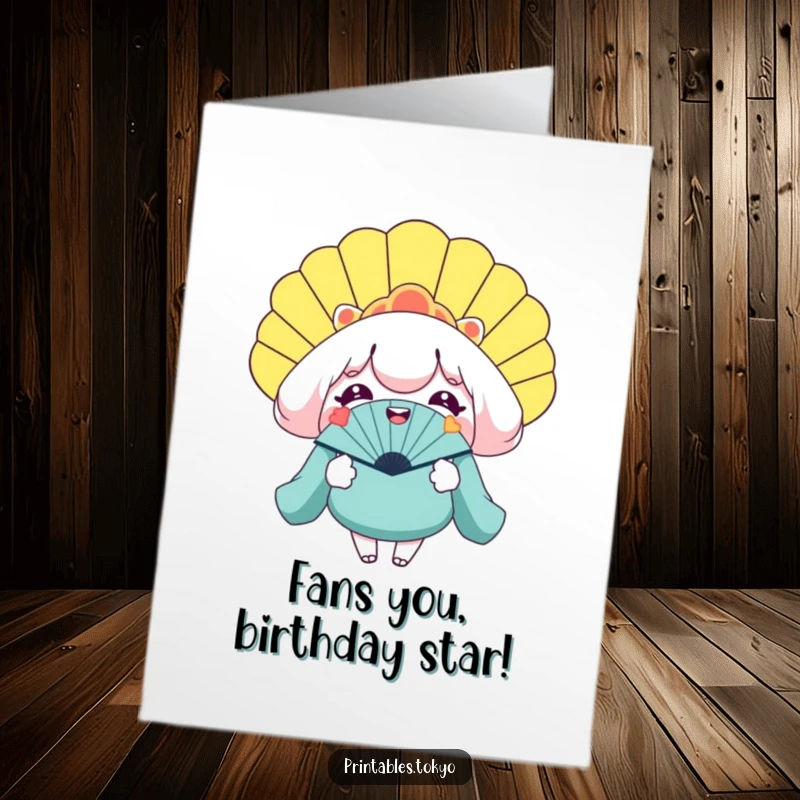 Funny Free Printable Birthday Card: Smiling character holding open a comically large novelty fan, spreading cheer.