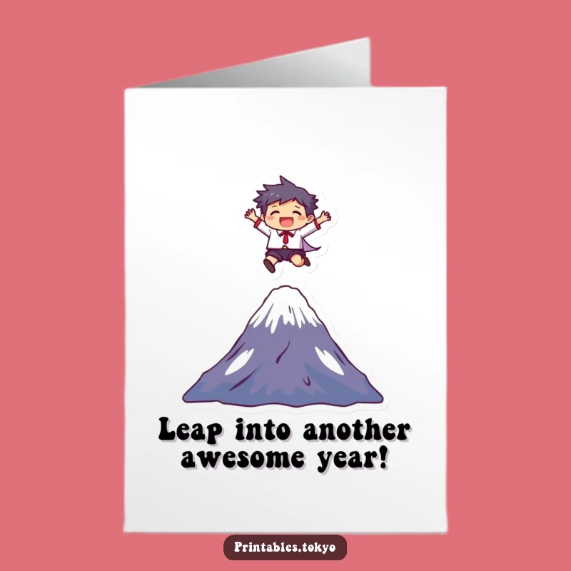 Free Printable Birthday Card: Joyful Mount Fuji Leap Character Funny Downloadable Gift