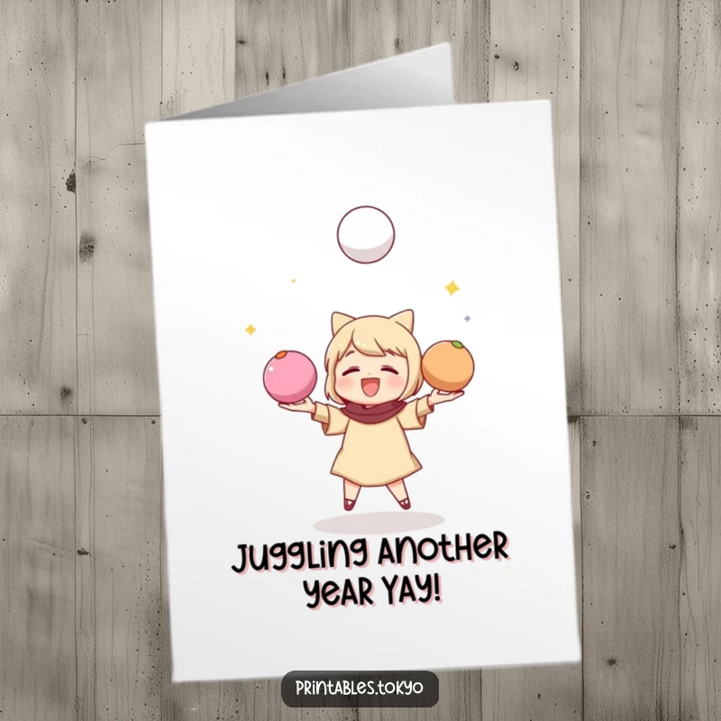 Funny Free Printable Birthday Card: Energetic character playfully juggling three colorful mochi balls, celebrating with dynamic fun.