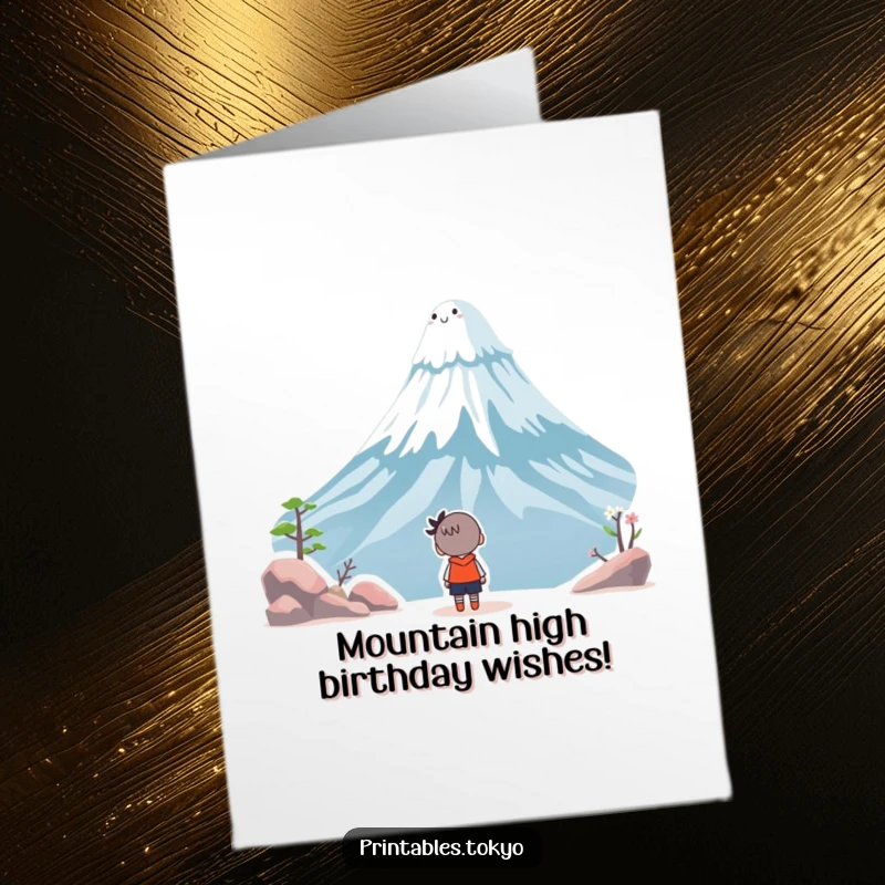 Funny Free Printable Birthday Card: Character gazing up in awe at a smiling, whimsical Mount Fuji.