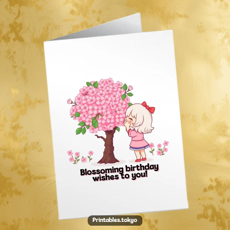 Funny free printable birthday card showing a character gazing in awe at a giant, beautifully pixelated cherry blossom bouquet.