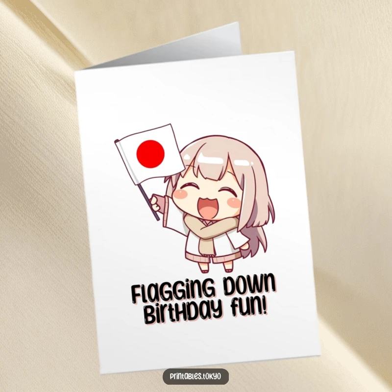 Funny free printable birthday card: A character happily waves a small Japanese flag, celebrating in style with vibrant energy.