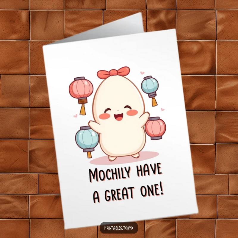 Funny Free Printable Birthday Card: Cheerful mochi character with rosy cheeks juggling glowing lanterns, full of energy.