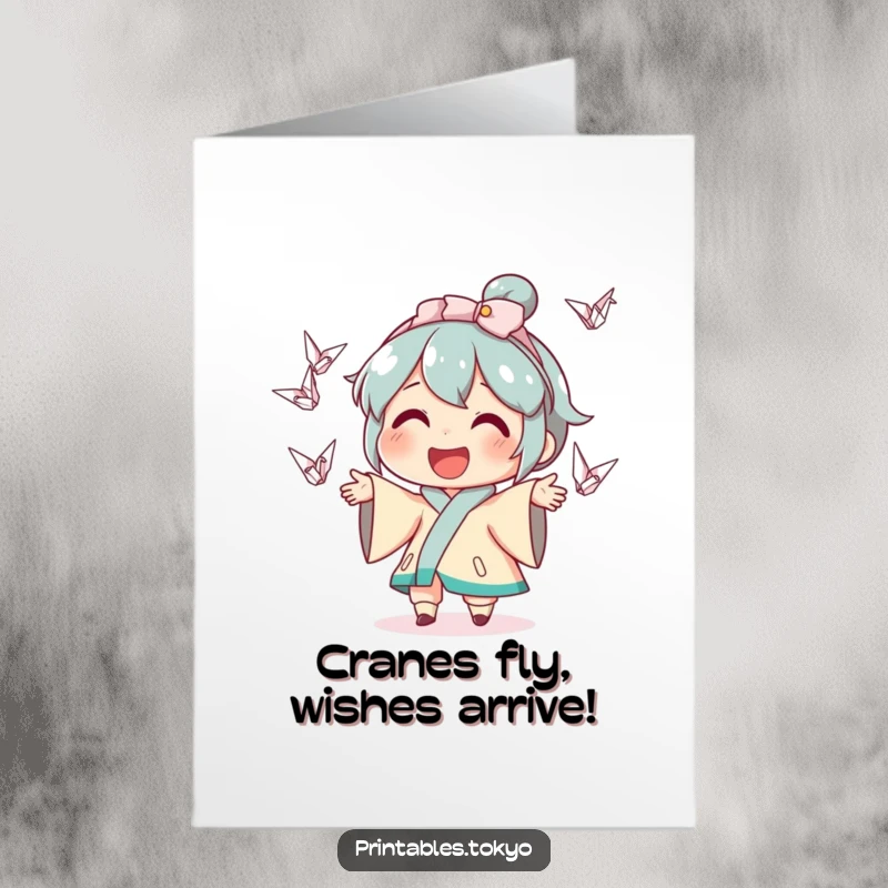 Funny Free Printable Birthday Card featuring a cheerful character juggling small origami cranes with a massive grin.