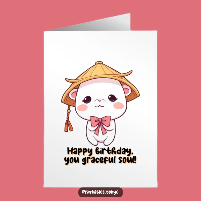 Free Printable Birthday Card: Shy Japanese Hat Creature - Sweet & Humble DIY Gift Greeting!