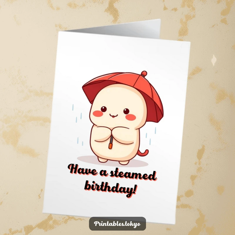 Funny Free Printable Birthday Card: Cute dumpling with red umbrella peeking from rain, adorable and cheerful.