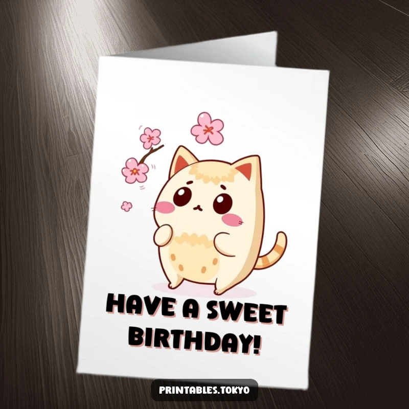 Funny Free Printable Birthday Card: Surprised taiyaki character with wagging tail, narrowly avoids falling cherry blossom.