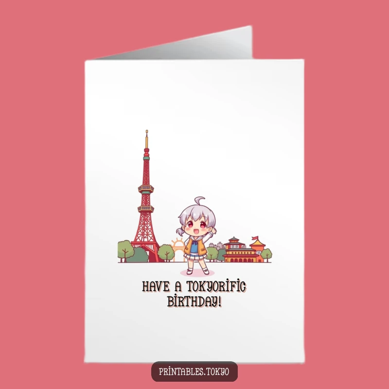 Free Printable Tokyo Tower Birthday Card: Character Poses Playfully - Fun Celebration!