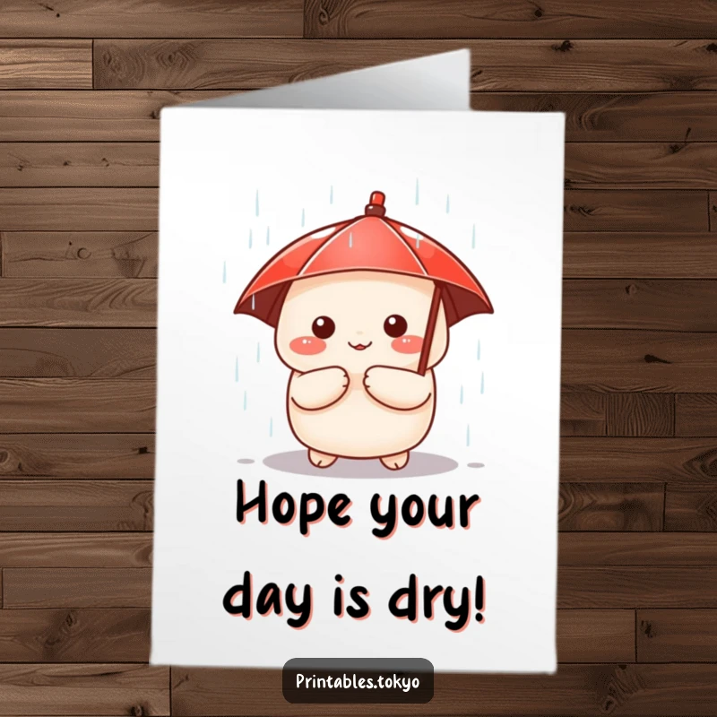 Funny Free Printable Birthday Card: A cute dumpling character with a tiny red umbrella peeks out from a heavy rain shower.
