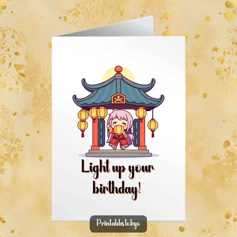 Funny Free Printable Birthday Card: a character juggling glowing lanterns under a temple roof, celebrating a special day.