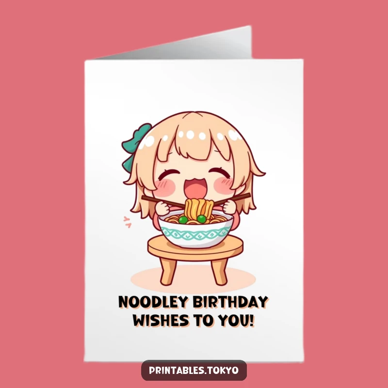 Free Printable Noodle Lover Birthday Card: Character Enjoys Delicious Bowl - Print at Home!