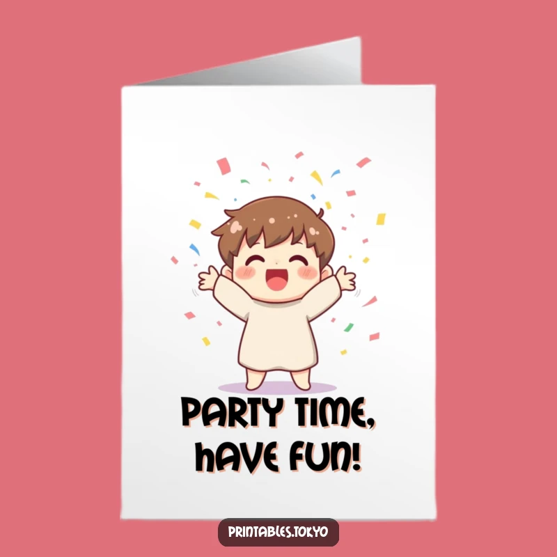 Free Printable Birthday Card: Confetti Tossing Character Funny Downloadable Gift