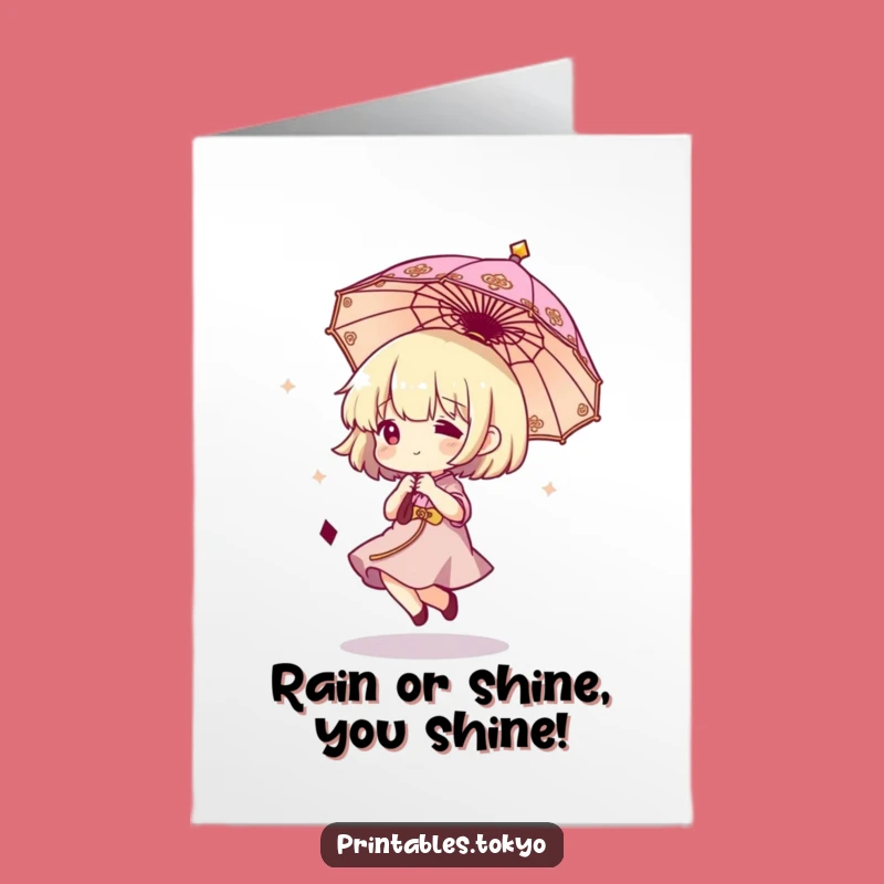 Funny Free Printable Birthday Card: Bouncing Umbrella Character Delight, DIY Downloadable Gift