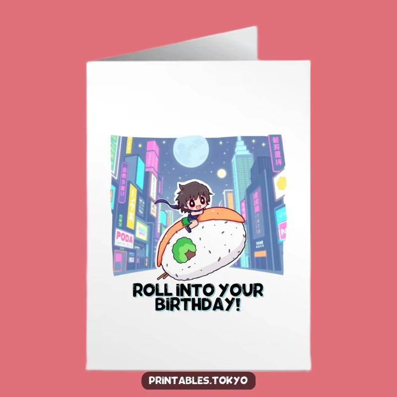 Free Printable Birthday Card: Sushi Roll Ride Funny Downloadable Gift for Foodies