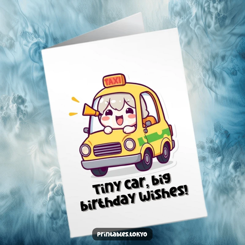 Funny Free Printable Birthday Card featuring a cheerful character in a tiny taxi honking its horn with a big smile.