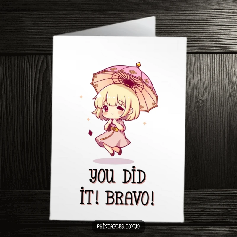 Funny Free Printable Congratulations Card: Character gleefully bounces a small ornate umbrella, conveying excitement. Ideal DIY downloadable gift.