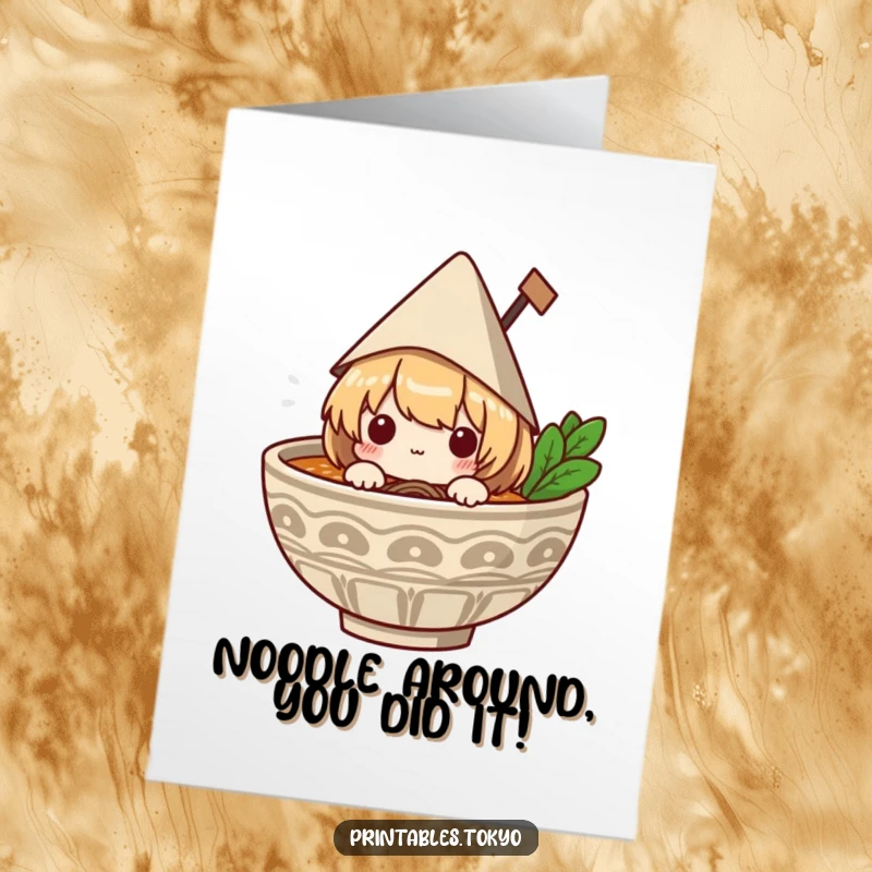 Funny free printable congratulations card: A character in a small paper hat pops out of a ramen bowl, cheering with joy.