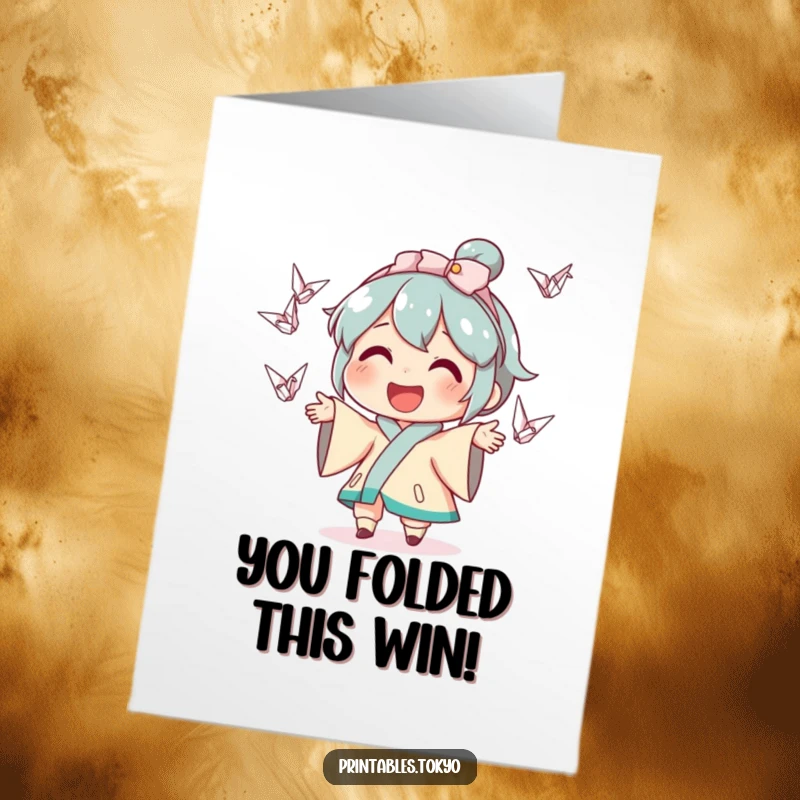 Free Printable Congratulations Card: A smiling character skillfully juggles tiny origami cranes, celebrating success.