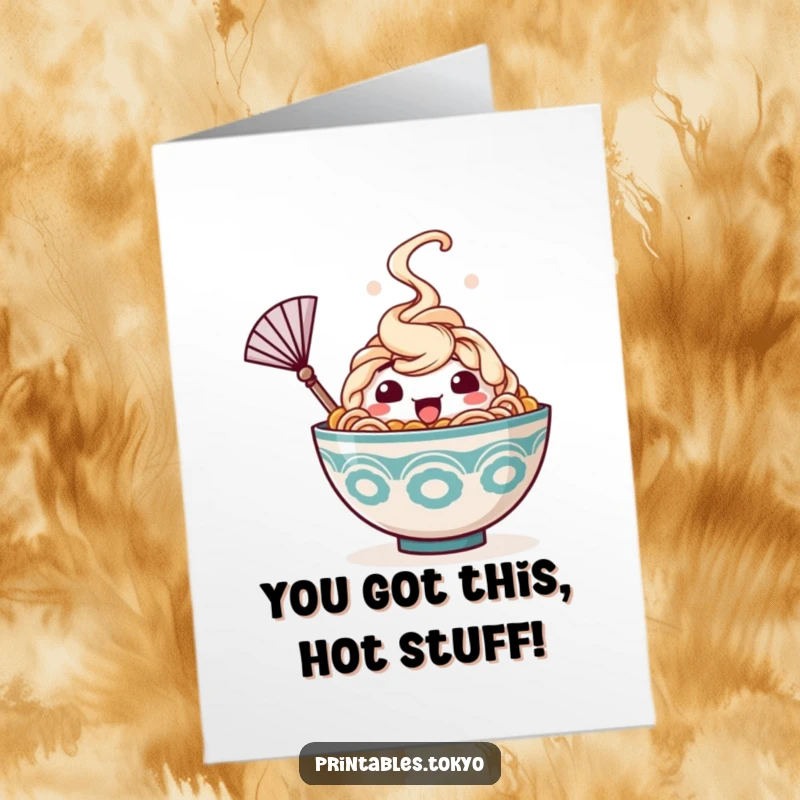Funny Free Printable Congrats Card: A happy ramen bowl character exhales steam and waves a tiny fan, looking cool.