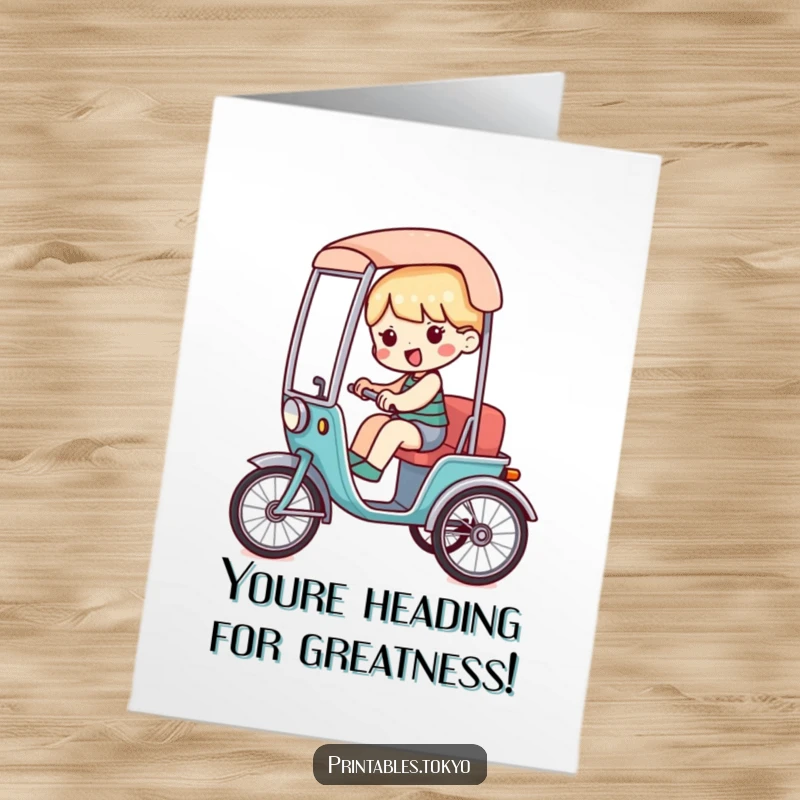 Funny Free Printable Congratulations Card: Character cruising in a miniature rickshaw, symbolizing a fun and successful journey.