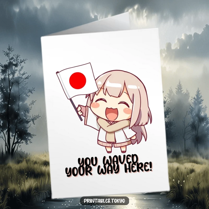 Funny free printable congratulations card: A character energetically waves a small Japanese flag, showing off their celebratory spirit.