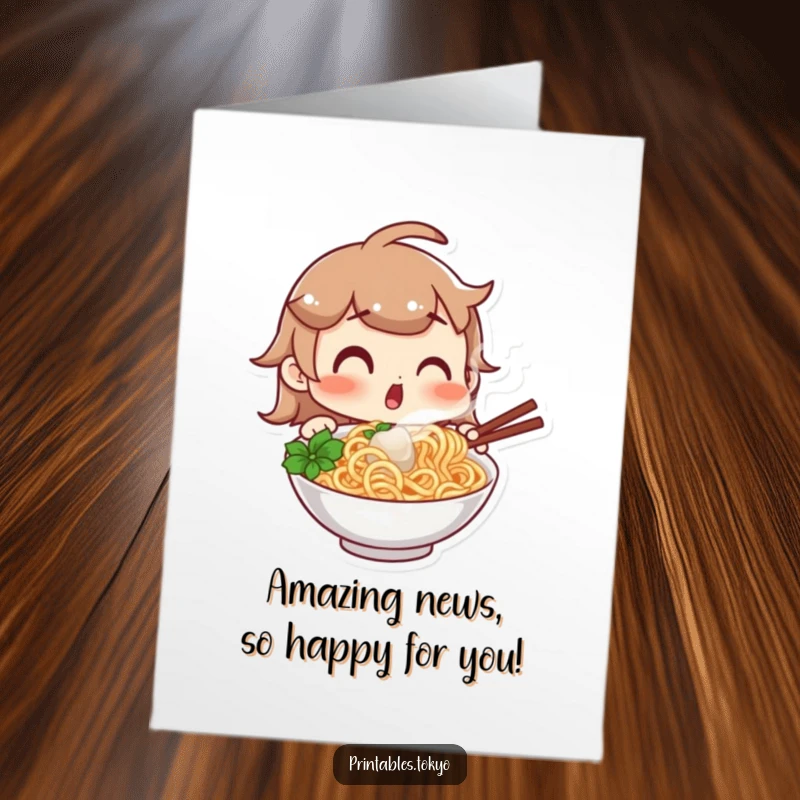 Funny Free Printable Congratulations Card: Character looking surprised at a steaming bowl of noodles, a delightful surprise.